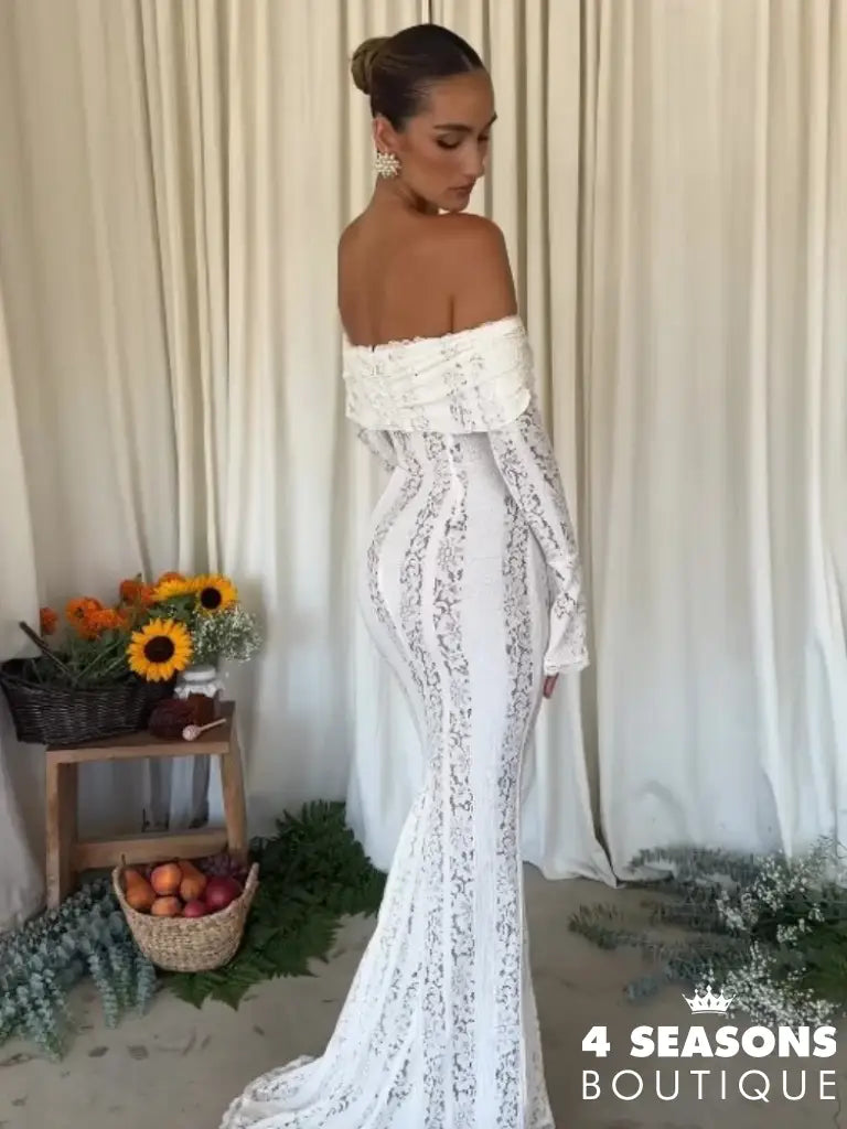White Floral Lace Off-Shoulder Maxi Dress For Women Elegant Strapless Backless Long Sleeve Bodycon