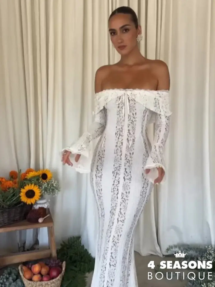 White Floral Lace Off-Shoulder Maxi Dress For Women Elegant Strapless Backless Long Sleeve Bodycon