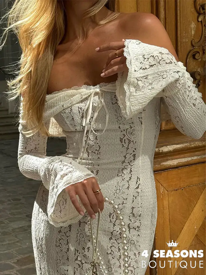White Floral Lace Off-Shoulder Maxi Dress For Women Elegant Strapless Backless Long Sleeve Bodycon