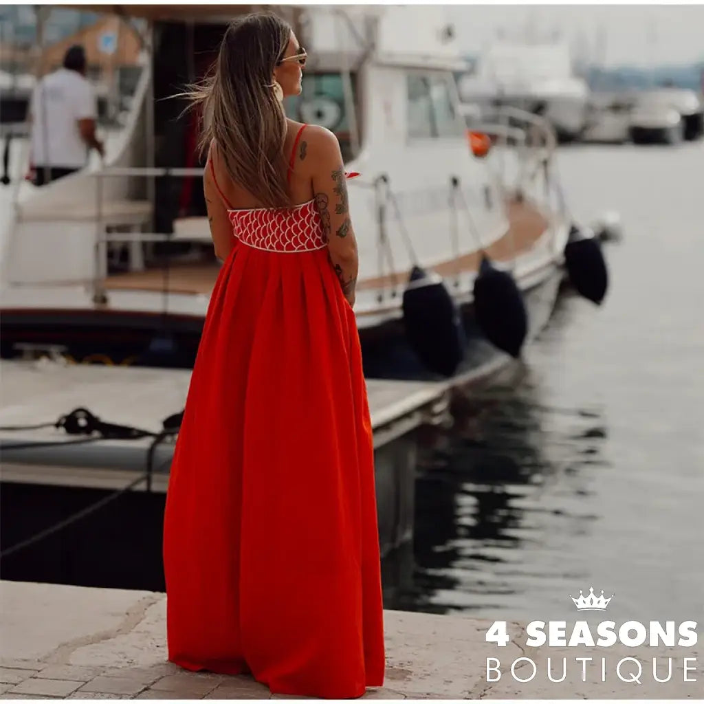 Summer 2024 New Fashion Chic Sleeveless Red Fish Shaped Bra Sling Long Dress Backless Loose Pleated