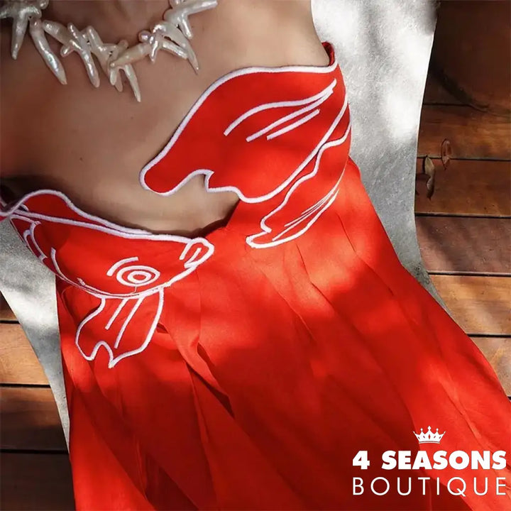 Summer 2024 New Fashion Chic Sleeveless Red Fish Shaped Bra Sling Long Dress Backless Loose Pleated