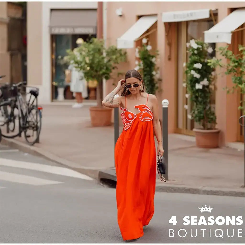 Summer 2024 New Fashion Chic Sleeveless Red Fish Shaped Bra Sling Long Dress Backless Loose Pleated
