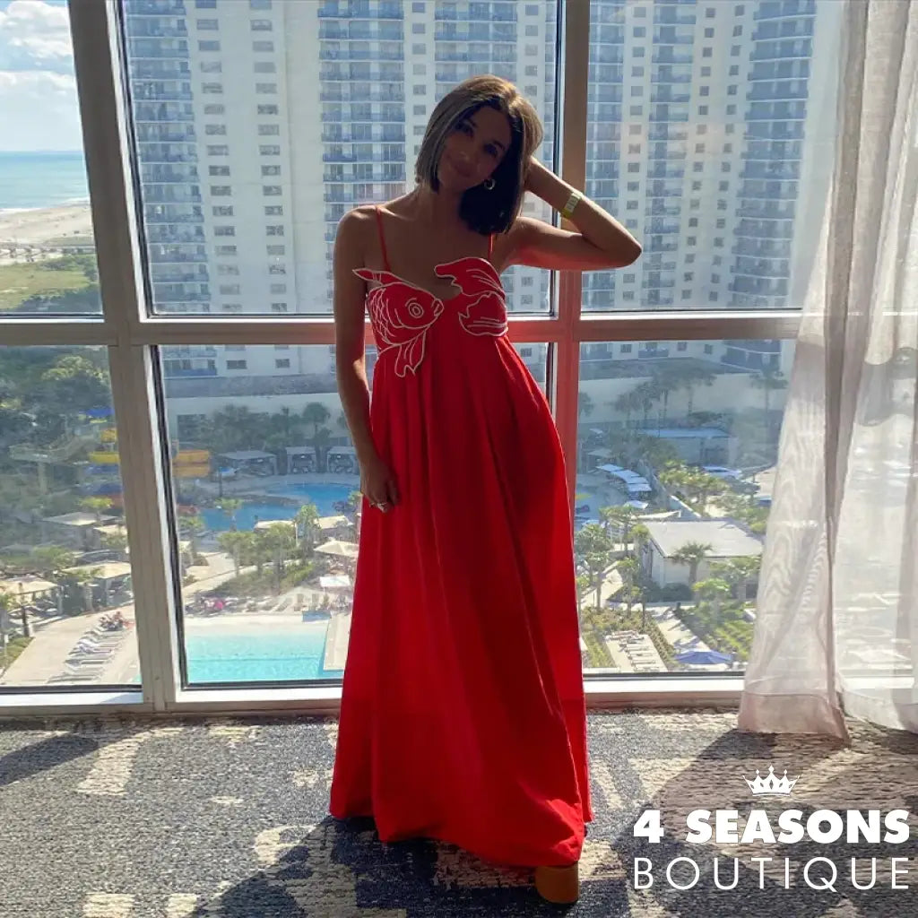 Summer 2024 New Fashion Chic Sleeveless Red Fish Shaped Bra Sling Long Dress Backless Loose Pleated