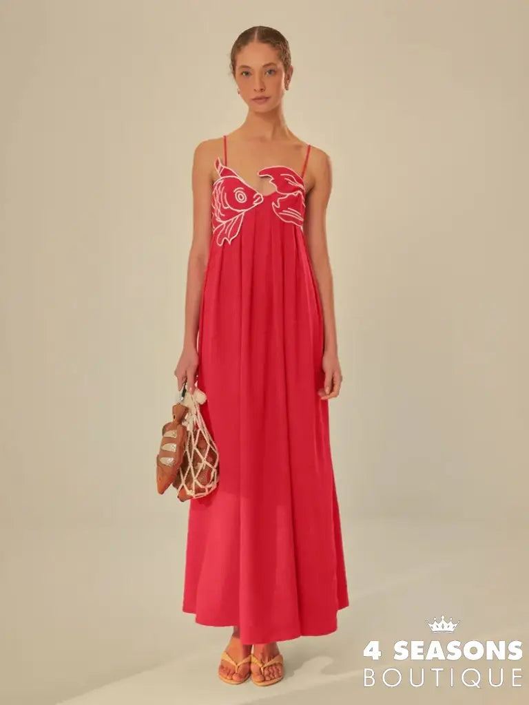 Summer 2024 New Fashion Chic Sleeveless Red Fish Shaped Bra Sling Long Dress Backless Loose Pleated