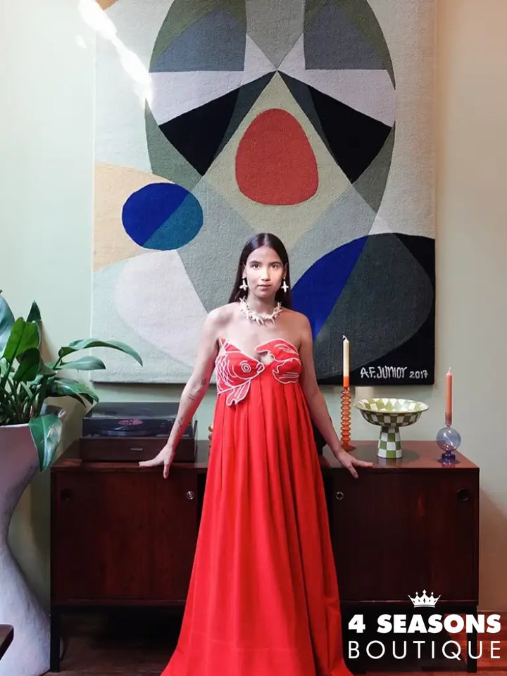 Summer 2024 New Fashion Chic Sleeveless Red Fish Shaped Bra Sling Long Dress Backless Loose Pleated