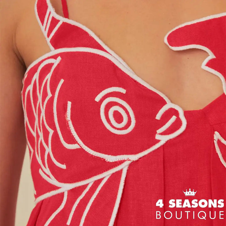 Summer 2024 New Fashion Chic Sleeveless Red Fish Shaped Bra Sling Long Dress Backless Loose Pleated