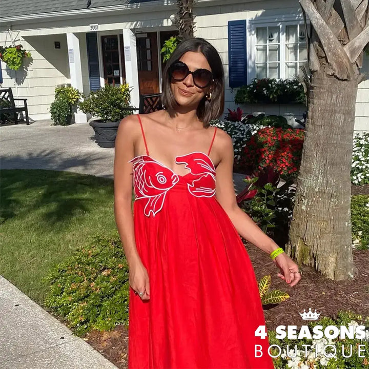Summer 2024 New Fashion Chic Sleeveless Red Fish Shaped Bra Sling Long Dress Backless Loose Pleated