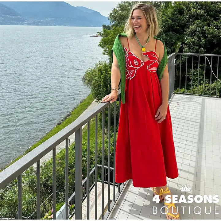 Summer 2024 New Fashion Chic Sleeveless Red Fish Shaped Bra Sling Long Dress Backless Loose Pleated