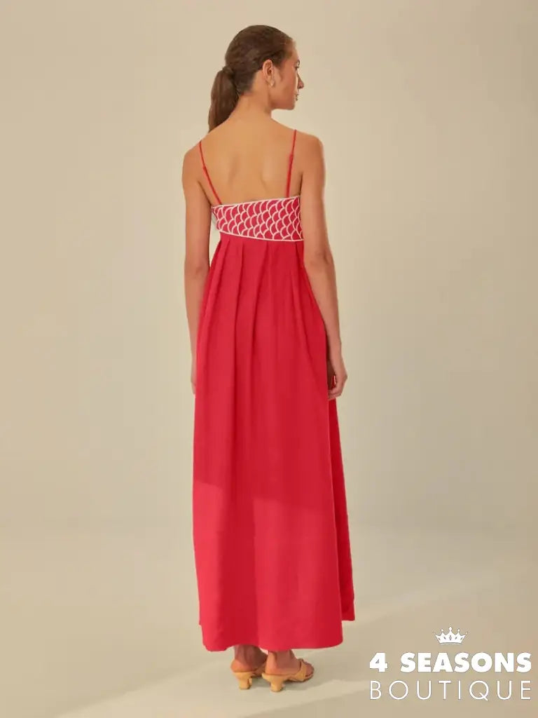 Summer 2024 New Fashion Chic Sleeveless Red Fish Shaped Bra Sling Long Dress Backless Loose Pleated