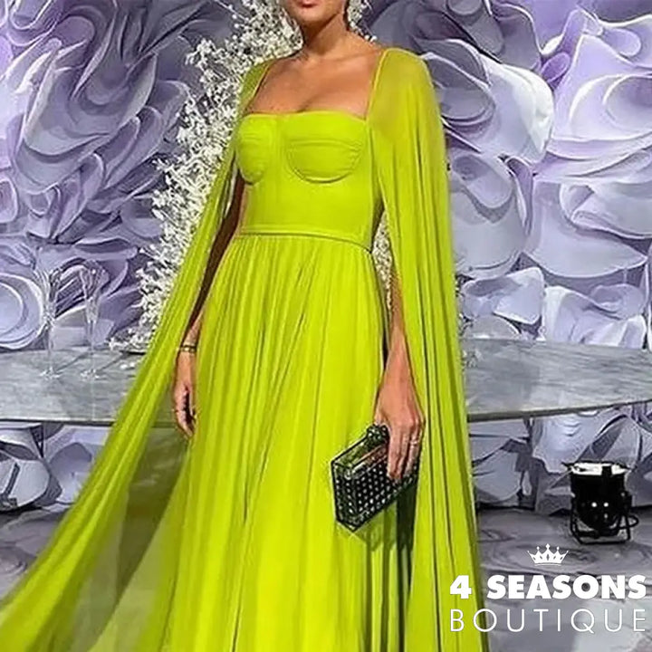 Wefads Maxi Dress Women Elegant Fashion Solid Cape Long Sleeve Square Neck Nipped Waist Backless