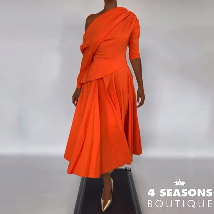 Ellafads Long Dress Women’s Summer Clothing Elegant Solid Long Sleeve One Shoulder Irregular Pleated Nipped Waist Party