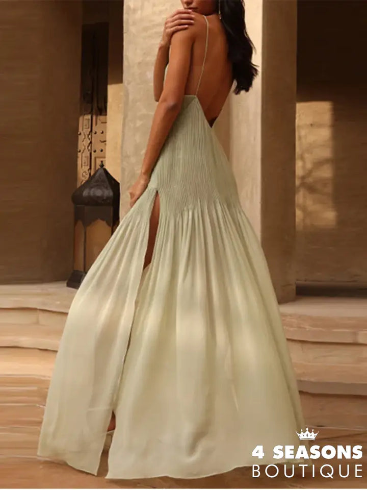 Sexy Backless Party Dress Women V-Neck Sleeveless Sling Green Maxi Female Beach Dresses 2024 Summer
