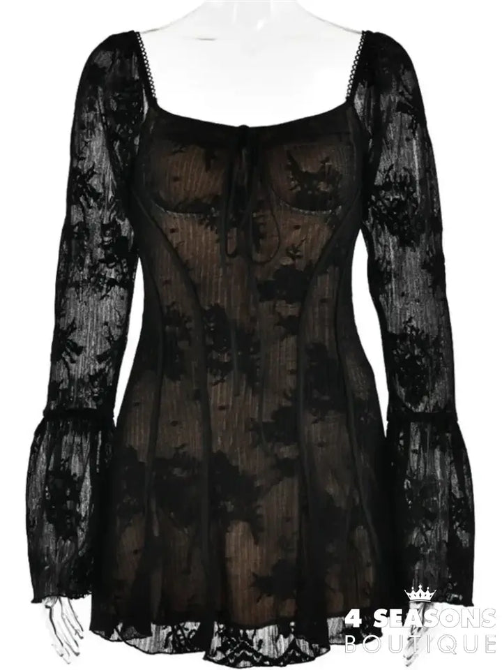 Lace Flare Sleeve High Waist Mini Dress Women Square Collar Low Cut Backless Pleated Dresses 2024