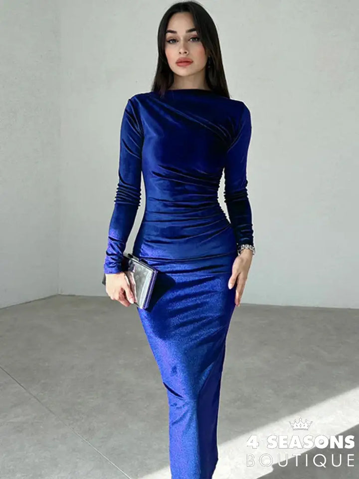 Dulzura 2024 Spring Summer Velvet Long Sleeve Midi Dress For Women Ruched Elegant Party Clothes